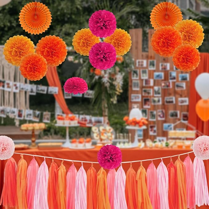 Envibe Pink Orange Party Decorations, Tissue Paper Pom Poms Decorations for Wedding, Baby Shower, Bridal Shower, Graduation and Thanksgiving Party, 36 Pcs Orange Birthday Decorations.