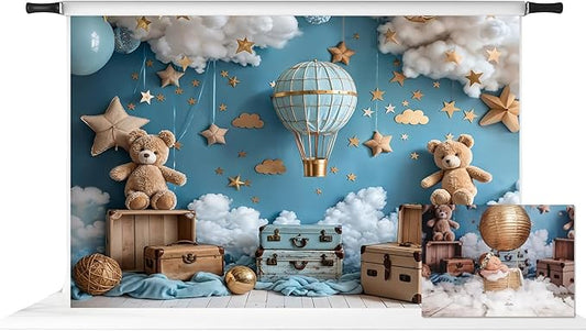 Kate Hot Air Balloon Backdrop for 1st Birthday Party Cartoon Teddy Bear Background Photo Studio Props, 10x6.5ft