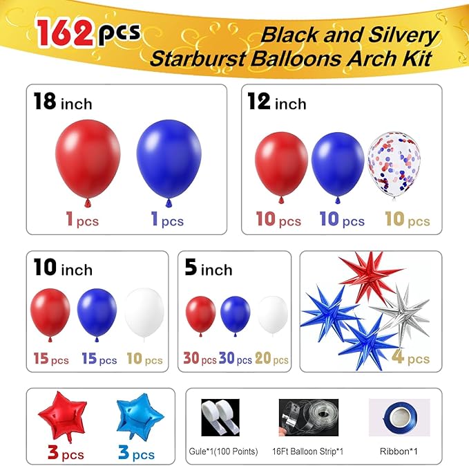 162PCS Red White and Blue Balloon Arch Kit, 4th of July Balloon Garland with Blue Star Balloons, Reusable Party Balloons for Birthday, Graduation, Wedding & Celebration Decorations