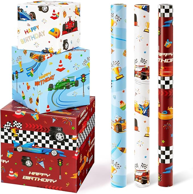 WERNNSAI Race Car Wrapping Paper Rolls - 3 Short Rolls 17 in x 120 in Racing Car for Kids Boy Birthday Truck Car Theme Party Gift Packing Supply Red Blue White Wrapping Paper with Cut Lines