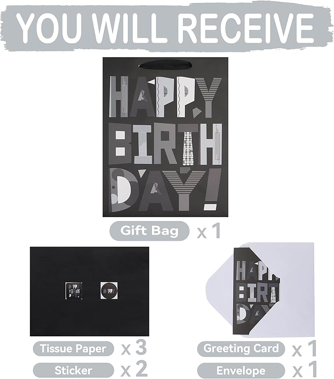 wishinside 13” Large Black Happy Birthday Gift Bag Set with Handles, Greeting Card, Tissue Papers and Stickers for Men Boys Kids Teens, Cartoon Design, 1 Pcs