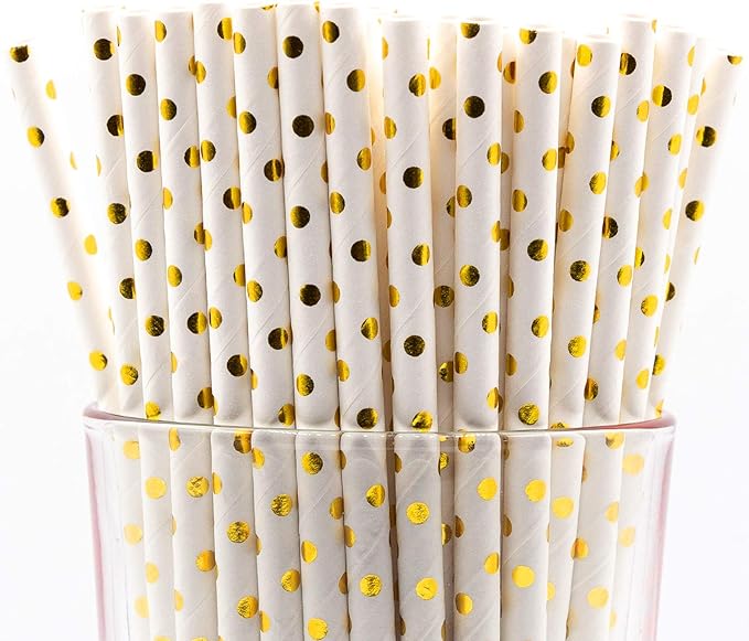 Pack of 900 Gold Polka Dot Foil Biodegradable 4-Ply Paper Drinking Straws (Compostable, Non-toxic, BPA-free)
