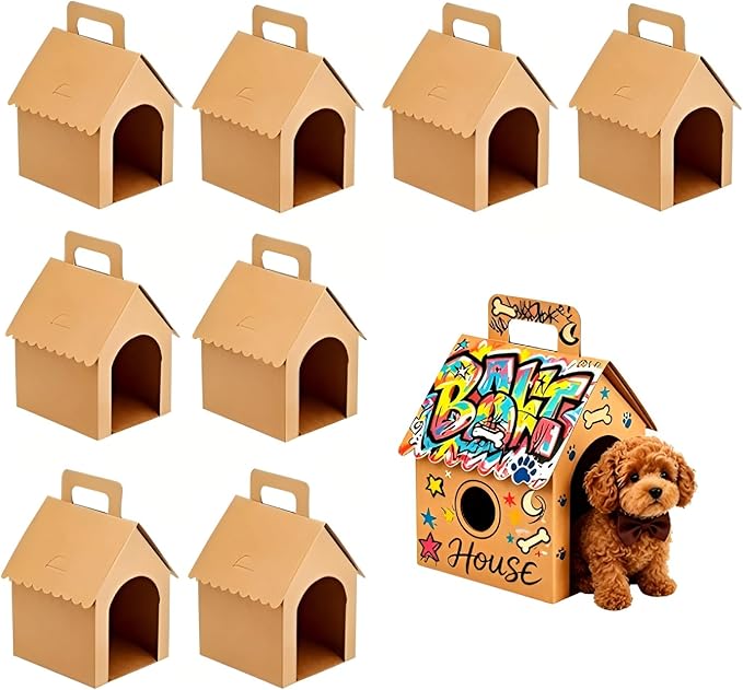 ACUDUDOMA 24 Pcs Dog Party Favors Boxes with Handle, Foldable Dog House Shaped Treat Gift Boxes with Holes for Puppy Pet Adoption, Kid DIY Crafting, Birthday Back to School Party Supplies