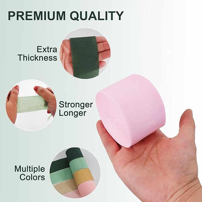 BEISHIDA 8 Rolls Green Gold and Pink Crepe Paper Streamers for Boho Theme Baby Shower Party Decorations Wedding Birthday DIY Craft Paper(1.8 Inch x 82 Ft/Roll)