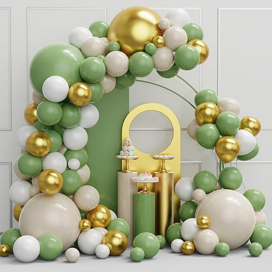 Sage Green Gold Balloons Garland Arch Kit, 134pcs Oh Baby Shower Party Balloons White Gold Balloons with Different Size for Baby Shower, Birthday, Graduation, Jungle, Eucalyptus Party Decorations