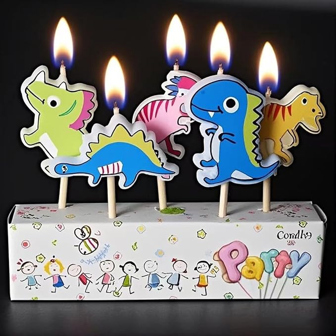 Number 2 Dinosaur Birthday Candles Set, Dino-Themed Cake Candle 2 2.75 Inch Green with 5Pcs Dinosaur Candles for Birthday Parties Celebration