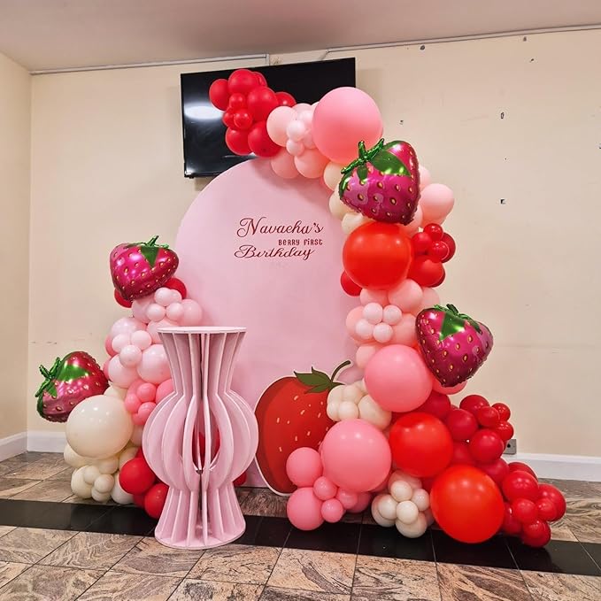 Strawberry Balloons Garland Arch Kit 163pcs with 27" Strawberry Foil Balloons, Red and Pink white Balloons for Sweet Girl Berry First Birthday Themed Baby Shower Strawberry Party Decorations
