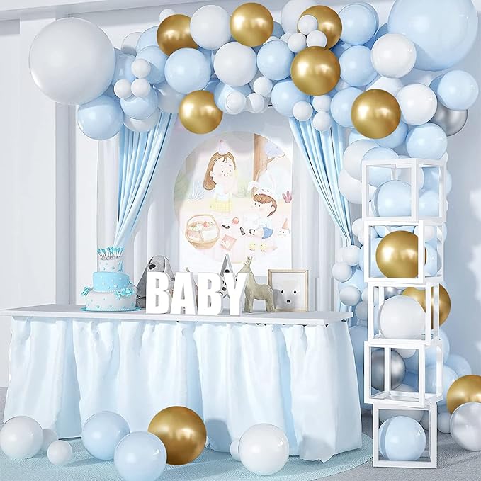 Blue Gold White Latex Balloons, 50 Pack 12 Inches light Blue Balloons Helium Balloons for Boys Baby Shower Birthday Bridal Shower Wedding Party Decorations Supplies