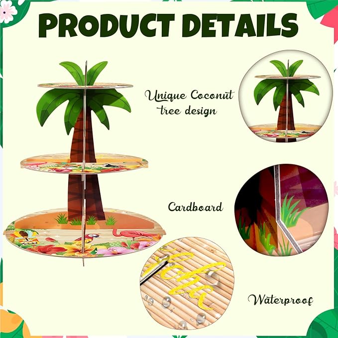 3-Tier Cupcake Stand - Palm Tree Party Decor for Luau, Hawaiian & Tropical Themed Events - Multi-Colored Cardboard Tiered Tray for Beach & Pool Party Decorations
