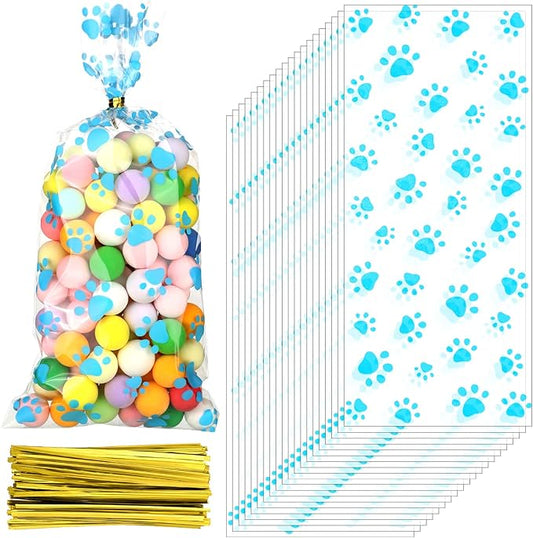 Boao 150 Pcs Dog Pet Paw Print Cellophane Bags Treat Gift Candy Cookie Bags with 150 Pieces Twist Ties for Dog Party Favor Decorations(Blue)