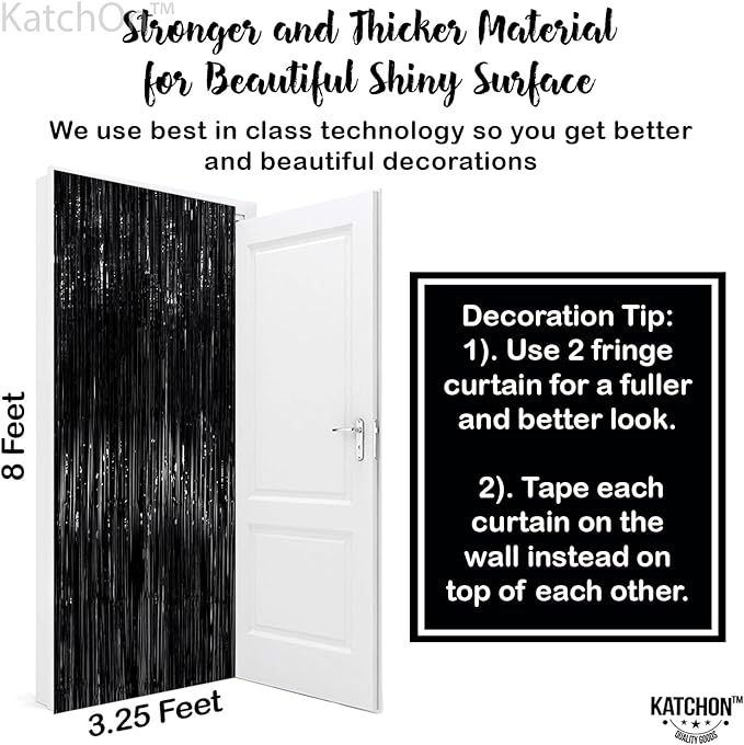 KatchOn XtraLarge Black Streamers - 3.2x8 Ft, Pack of 2 | Foil Fringe Curtain Anniversary Birthday Bachelorette Party Decorations | Graduation Backdrop, Black Backdrop for Graduation Decorations 2026
