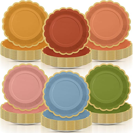 96 Pcs Wildflower Color Paper Plates 9 Inch Colorful Boho Scalloped Paper Disposable Dinner Dessert Plates for Spring Summer Birthday Wedding Bridal Party Supplies, 6 Colors