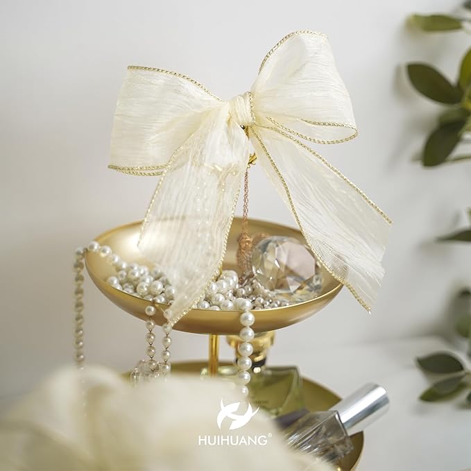HUIHUANG Ivory Wired Ribbon 2-1/2 inch Cream Metallic Silk Wire Edge Ribbon for Crafts Gift Wrapping Basket Wreaths Bows Making Home Wedding Decor Christmas Tree Bows -Continuous 10 Yards
