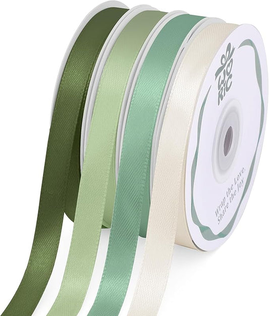 woric Sage Green Satin Ribbon 3/8 Inch x 4 Rolls, Total 120 Yards Ivory/Moss Green/Dusty Sage Ribbon for Graduation Leis Baby Bridal Shower Mother's Day Hair Bows Wedding Decor