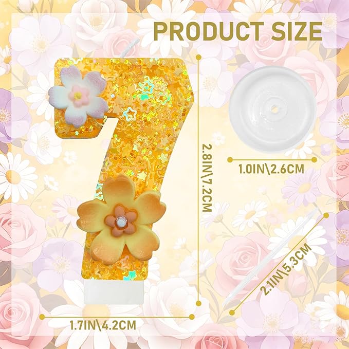 Yellow Birthday Candle, Flower Number Birthday Candles for Cake, Ideal Birthday Parties Cake Decor, Wedding Anniversary and Other Celebrations (7 Candle, Yellow)