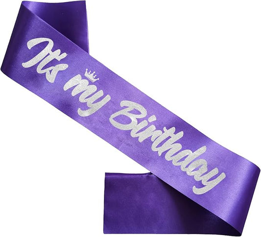 It's My Birthday Sash Purple with Glitter Silver Letters Happy Birthday Sash for Women Girl Bday Gift Ideas Party Favors