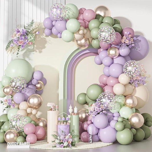 Ouddy Party Dusty Green Purple Pink Balloons Garland Arch Kit, Different Sizes 18 12 10 5 Inch Pastel Mist Green Ivory Lavender Latex Confetti Balloon for Spring Birthday Baby Shower Party Decorations