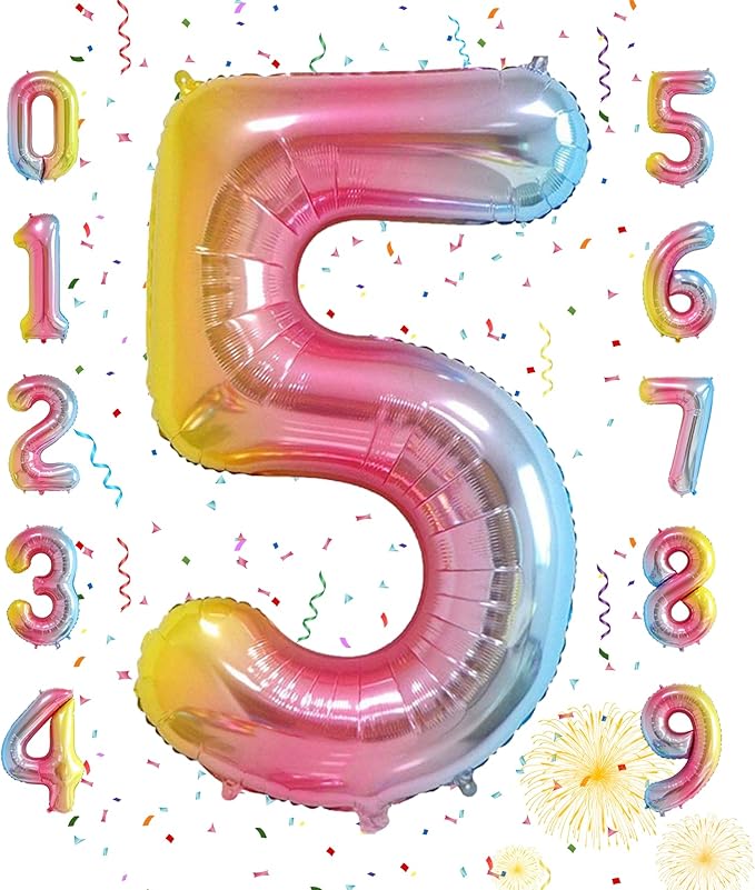 40 Inch Number Balloons 0-9 Rainbow Gradient Large 5 Balloons, Digital Balloons for Party Celebration Decorations, Helium Foil Number Balloons for Wedding Anniversary