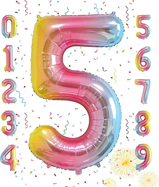 40 Inch Number Balloons 0-9 Rainbow Gradient Large 5 Balloons, Digital Balloons for Party Celebration Decorations, Helium Foil Number Balloons for Wedding Anniversary
