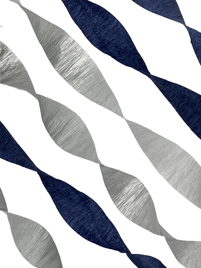 K-Kraft USA-Made Hanging Decorative Crepe Paper Streamers for Birthday, Party, Holiday, School, Wedding, Shower, or Graduation (1 Navy + 1 Silver Metallic)