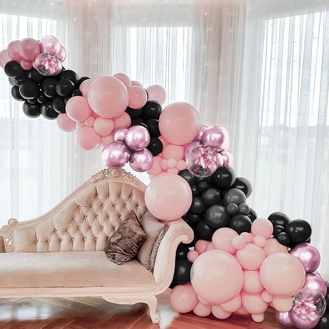 Metallic Pink Black Balloons Arch Kit, 151Pcs Black Chrome Pink and Bobo Balloons Garland 18 12 10 5 inch for Birthday Wedding Bachelorette Anniversary Halloween Christmas Party Decorations