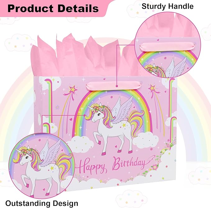 Oletx 13" Pink Unicorn Gift Wrap Paper Bag,Birthday Party Wrapping Bag With Tissue Paper Greeting Card for Women's Party,Mother's Day