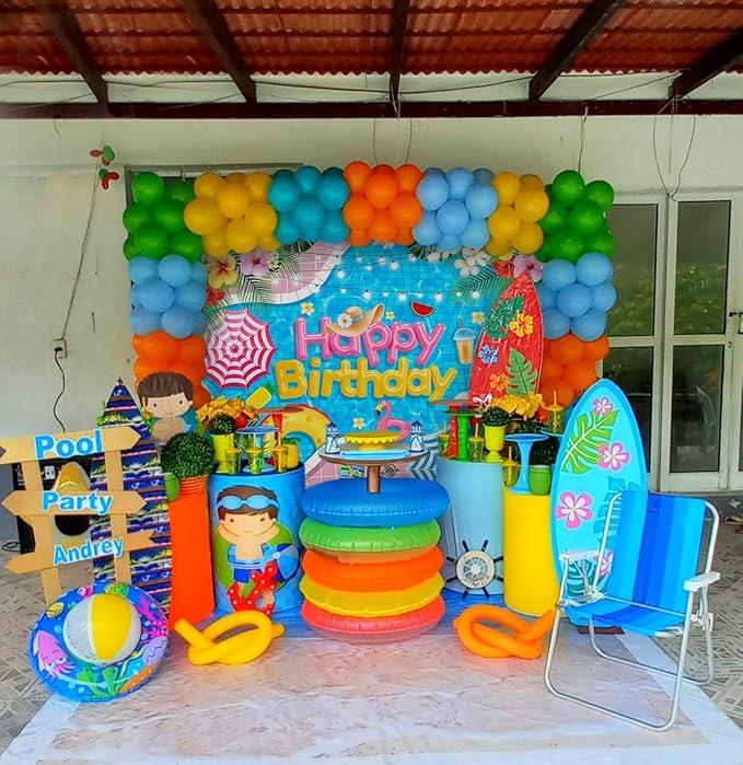Mocsicka Summer Pool Birthday Party Backdrop Swimming for Happy Birthday Party Decorations Floral Lifebuoy Fruit Water Flamingo Photography Background (Blue, 6x4ft(72''x48''))