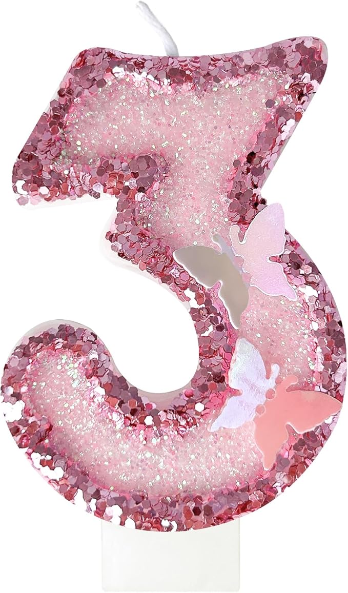 3rd Birthday Candles，Glitter Butterfly Cake Toppers Pink Sequins Wedding Numeral Cupcake Decorations，Suitable for Girl and boy Wedding Cakes, Party Celebrations, Birthday Decorations