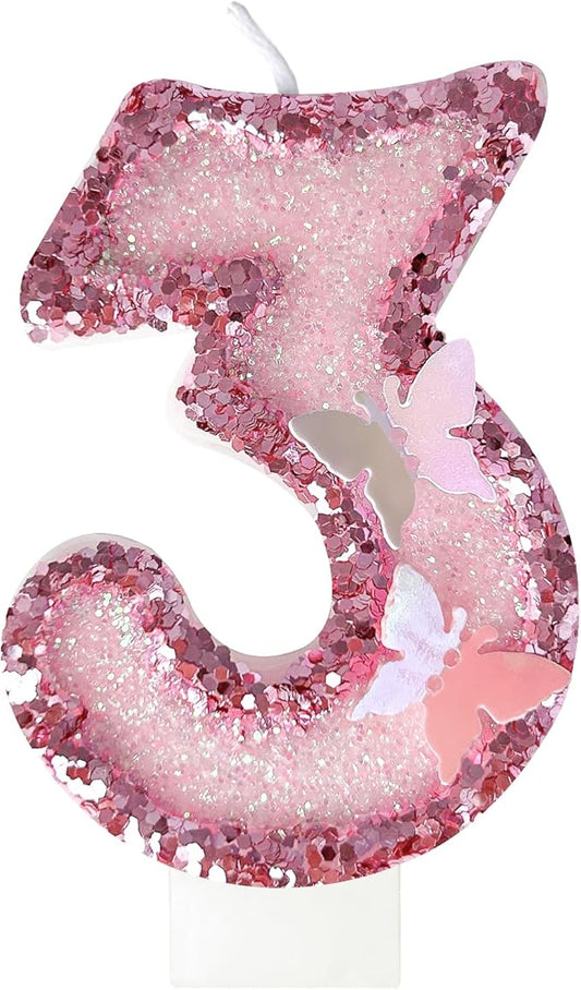 3rd Birthday Candles，Glitter Butterfly Cake Toppers Pink Sequins Wedding Numeral Cupcake Decorations，Suitable for Girl and boy Wedding Cakes, Party Celebrations, Birthday Decorations