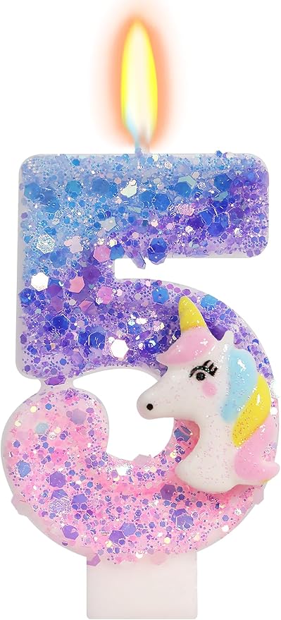 Unicorn Candle - Number 5 Candle, 5th Birthday Decorations for Girls, Colorful Sequins Birthday Candles for Cake, Cartoon Unicorn Theme Party Decorations