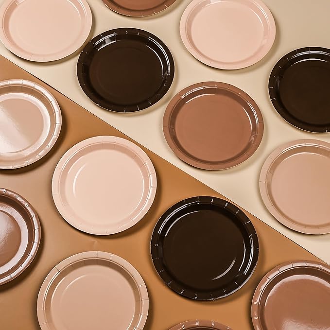 AimFun 48Pcs Brown Paper Plates Gradient Brown Party Plates 4 Colors 7”Disposable Round Dessert Plates for Birthday Holiday Thanksgiving Gathering Party Supplies
