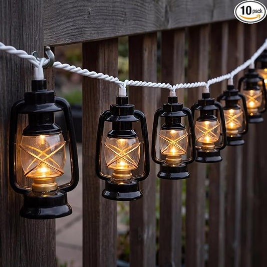 8.5Ft Black Mini Kerosene String Lights, Vintage Decorative String Lights with 10 LED Kerosene Lantern Bulbs, Waterproof Connectable Plug in Fairy Lights for Camping Patio Bedroom Party Holiday Decor