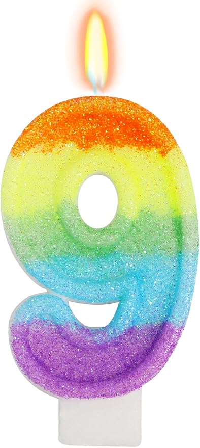 Rainbow Candles for Birthday Cakes, 9 Cake Topper, Rainbow Birthday Party Decorations, 9th Number Candle for Girls Boys (Number 9)