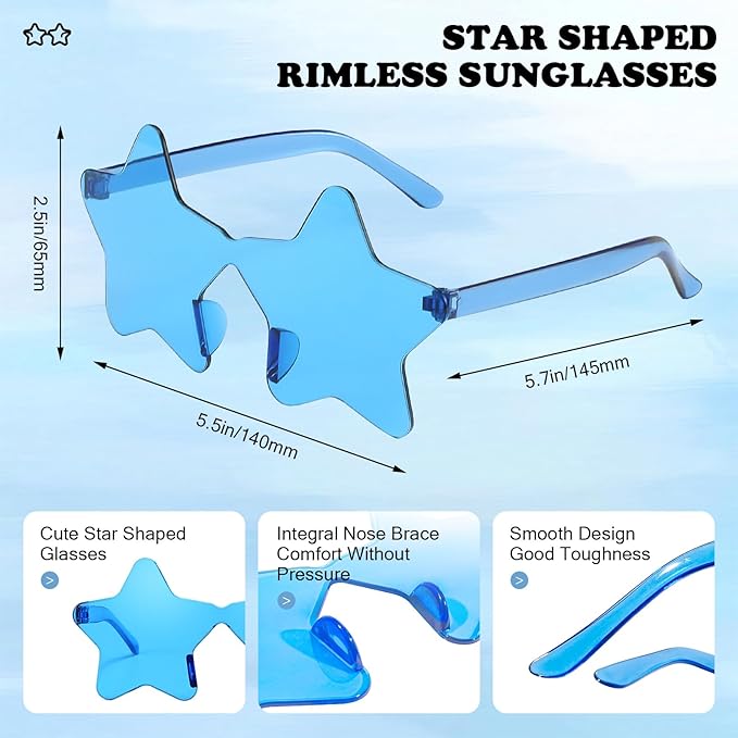 SUNOVELTIES 16/48 Star Rimless Sunglasses Irregular One Piece Colored Party Glasses Transparent Fun sunglasses for Teen Adult