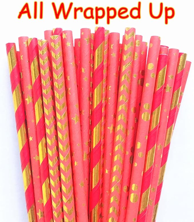 100 pcs Mixed Biodegradable Party Paper Straws, Disposable Red Gold Foil Striped Chevron Dot Star Drinking Straws Bulk, Holiday Christmas Valentine Wedding Cake Pop Sticks (All Wrapped Up)