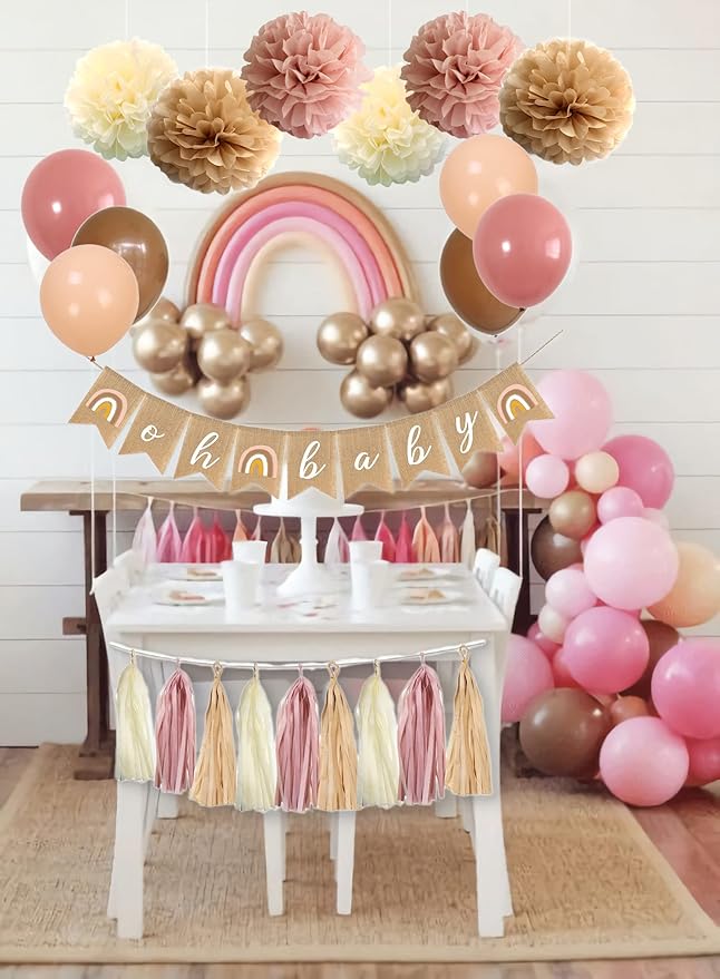 Boho Pink Brown Baby Shower Party Decorations Set - 40-Pack Mauve Blush Pink Tissue Pom Poms Paper Flowers Balloons Tassel Garland Banner Streamers for Baby Shower Backdrop Girl Birthday Nursery Decor