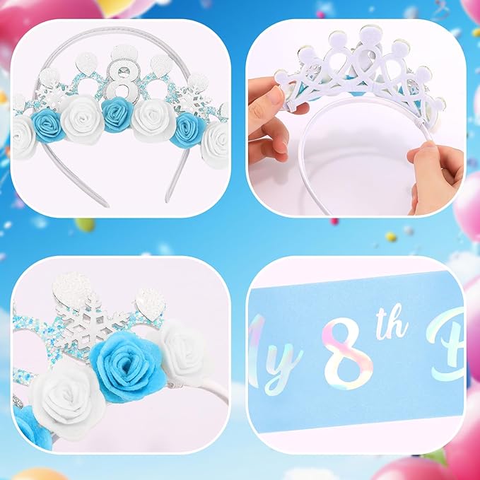 CUBACO 8th Birthday Crown Headband and Sash, 8 Year Old Girl Birthday Gifts for Blue Princess Crown, Frozen Party Decorations Favors for Girls Outfit