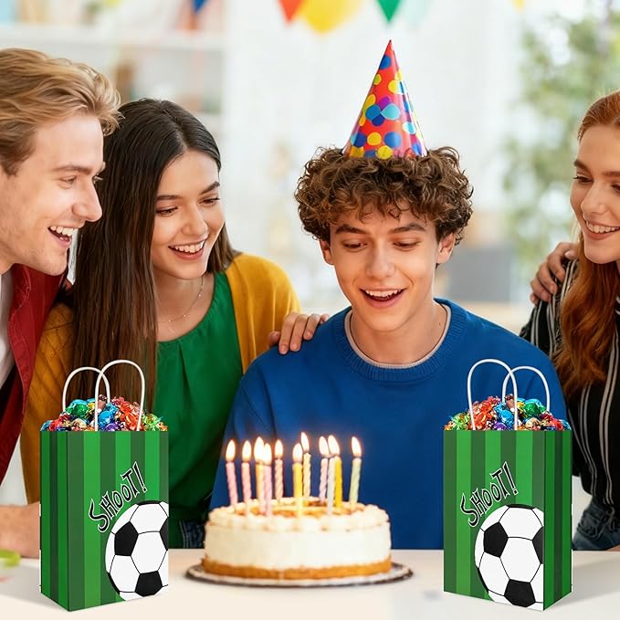 Ethanberg 20Pcs Soccer Party Favor Bags with Handles, Soccer Themed Kraft Paper Gift Bags Candy Bag, Shoot Theme Goodie Bag for Sport Team Ball Events Theme Birthday Party Supplies