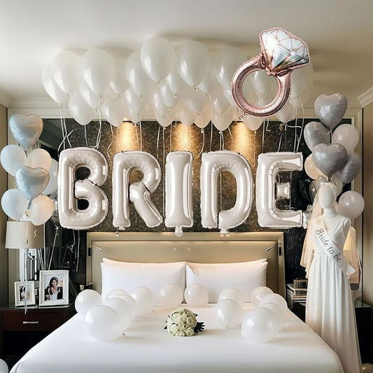 Cream White Bridal Shower party decorations with huge 40 Inch BRIDE letter Pearl Balloons BRIDE to be Sash Bridal Veil and Diamond Ring Heart shape Balloons For Bachelorette party Wedding supplies