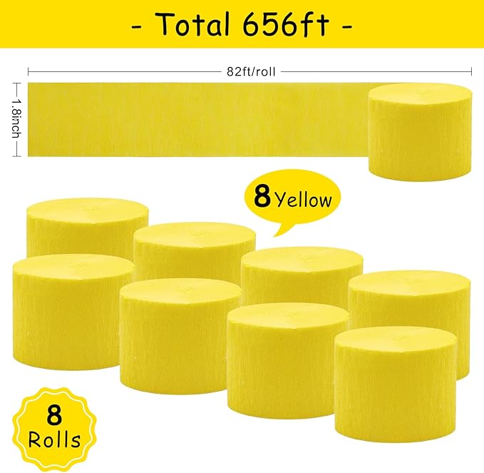 8 Rolls Yellow Crepe Paper Roll Party Streamers Photo Booth Backdrop Party Supplies for New Year Birthday Engagement Wedding Christmas Thanksgiving Party Decorations（Total 656ft, 1.8Inch x 82Ft/Roll）