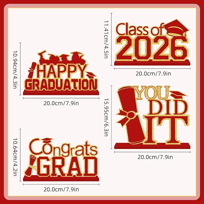 4Pcs Red and Gold Graduation Decorations Class of 2026 Congrats Grad Wooden Table Centerpieces Grad Table Toppers Congratulate Tiered Tray Decor for 2026 Graduation Decorations