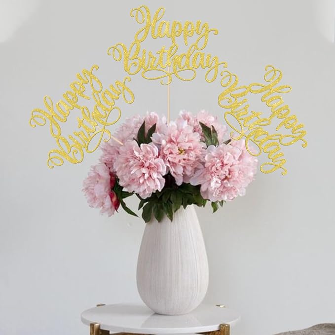12 PCS Happy Birthday Centerpiece Sticks Double Sided Glitter Birthday Party Table Flower Centerpieces Anniversary Floral Decorations for Celebrating Birthday Party Centerpieces Supplies Gold