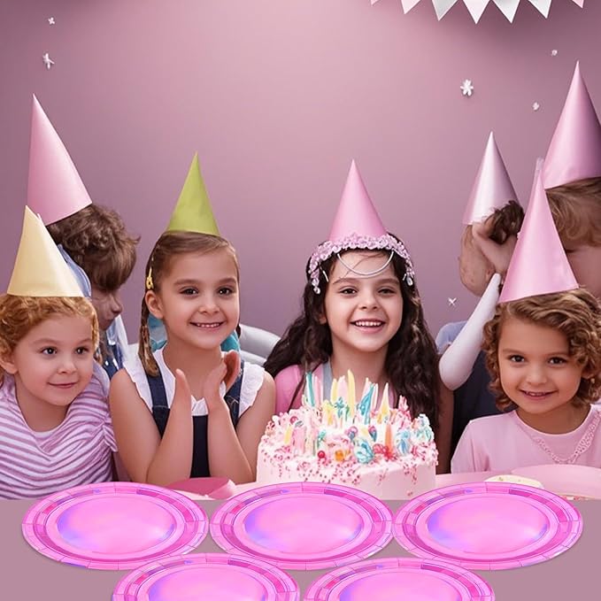 72Pcs Iridescent Pink Plates and Napkins Party Supplies, Hot Pink Holographic Disposable Paper Plates Napkins with Forks Tableware Set for Birthday Graduation Kpop Party Decorations