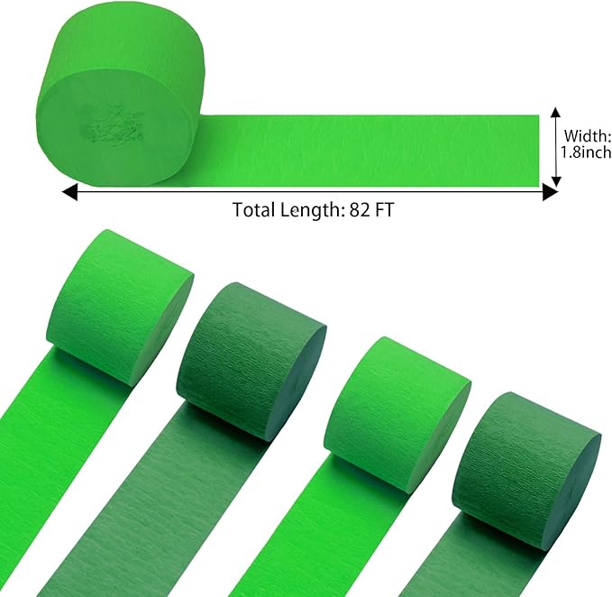 Light Green and Dark Green Crepe Paper Streamers 4 Rolls 328ft, Pack of Party Streamers for Party Decorations, Crepe Paper for Birthday, Wedding, Christmas Party Decorations (1.8 Inch x 82 Ft/Roll)