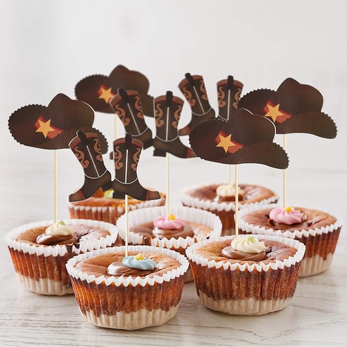 60 Pieces Cowboy or Cowgirl Hat and Boot Cupcake Toppers Western Birthday Cake Decorations Rodeo Cupcake Picks Baby Shower Toothpicks for Western Theme Party Favors Supplies (Brown)