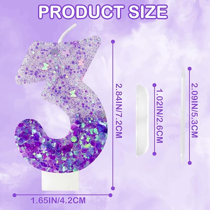 Purple Sequin Birthday Candles, Cake Number Candles, Girls 0th Birthday Decorations, Suitable for Birthday Parties, Anniversary Party Decorations(3)