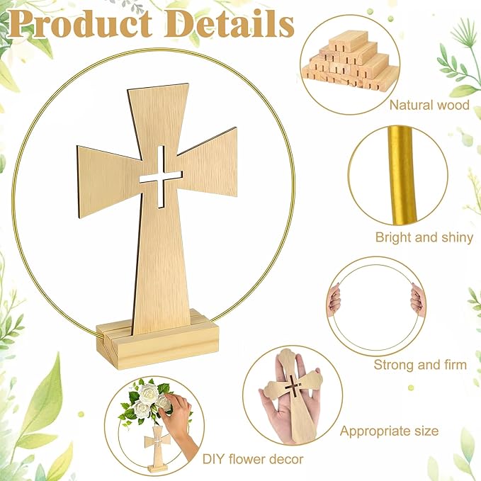 Mototo 48 Pcs Standing Wooden Cross Baptism Centerpieces Decor 16 Wooden Cross with Base 16 Gold Metal Floral Hoop with Wooden Stand Baptism Centerpiece Table Decor for Wedding Event Home Table