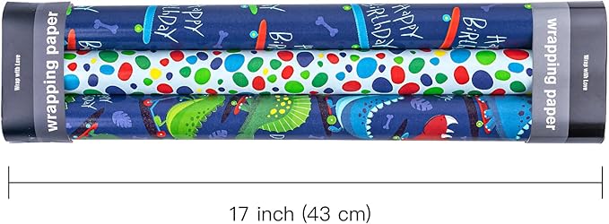 WRAPAHOLIC Dinosaur Wrapping Paper Roll - Mini Roll - 3 Rolls - 17 Inch X 120 Inch Per Roll - Happy Birthday Dinosaurs Design for Kids Birthday, Baby Shower
