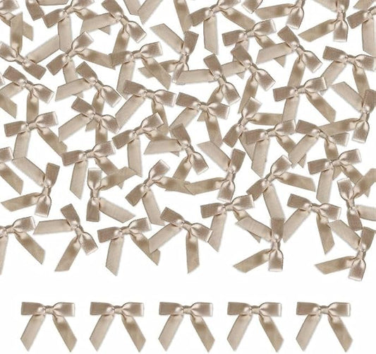 Meseey 100 Pcs 1.5 Inches Premade Craft Bows Self Adhesive Latte Satin Ribbon Bows for Treat Bags Gift Wrapping Basket Wedding Baby Shower Brithday Party(Latte)