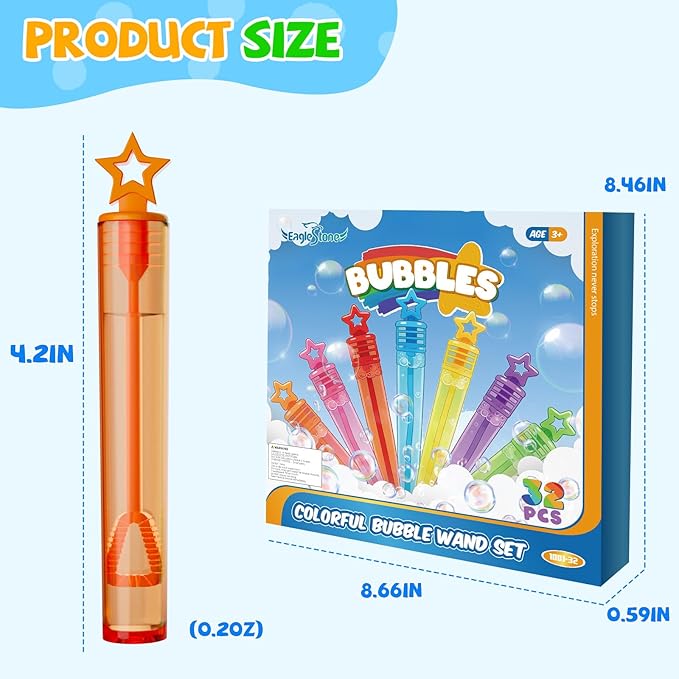 EagleStone 32 Pcs Star Bubble Wands Bulk for Kids, 8 Color Mini Bubble Party Favors, Goodie Bag Stuffers, Classroom Prizes, Birthday Gifts, Easter Basket, Carnival, Summer Outdoor Toys for Toddlers